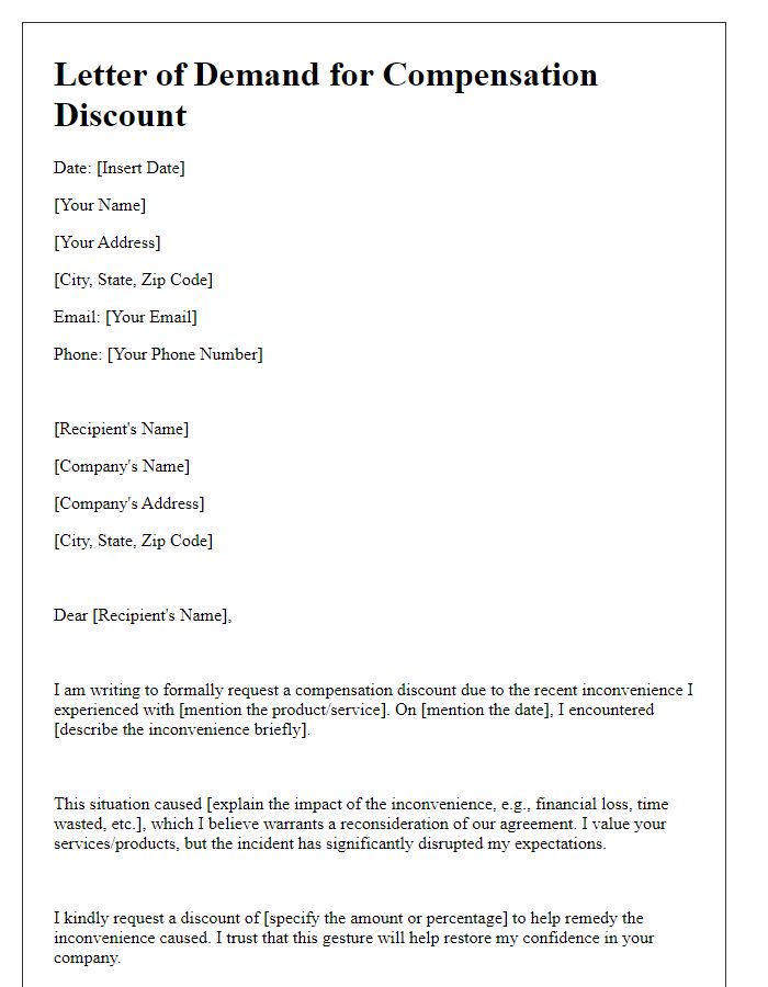 Letter template of demand for compensation discount for inconvenience