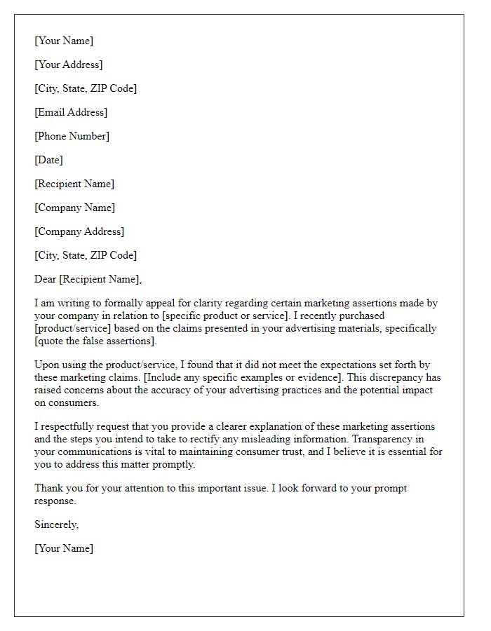 Letter template of appeal for clarity on false marketing assertions