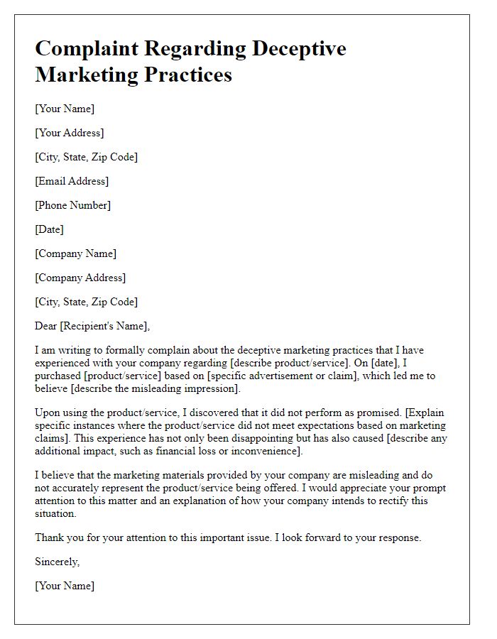 Letter template of complaint regarding deceptive marketing practices