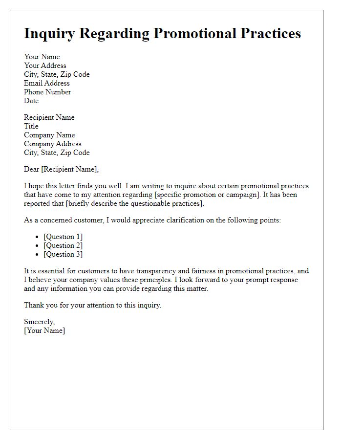 Letter template of inquiry regarding questionable promotional practices