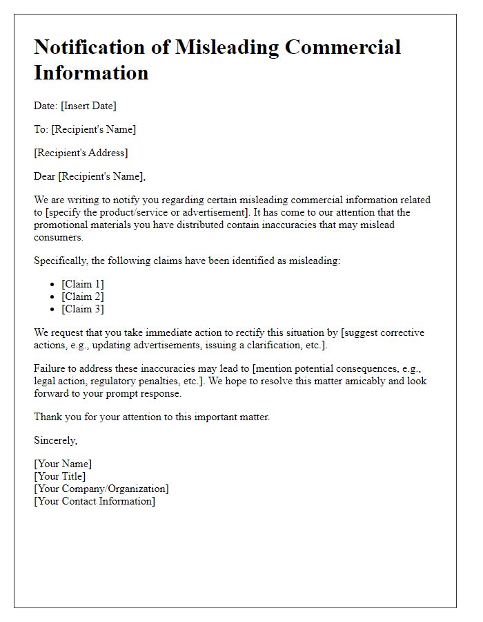 Letter template of notification about misleading commercial information