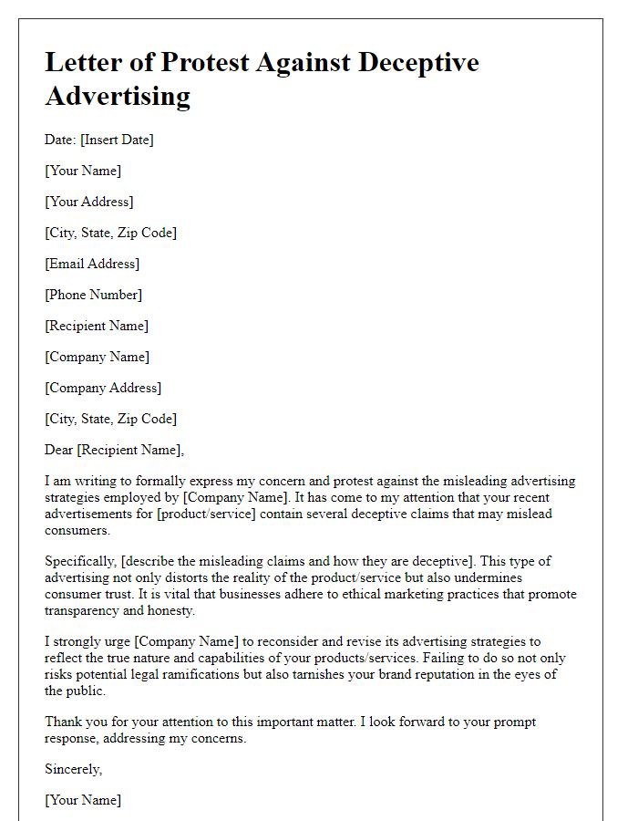 Letter template of protest against deceptive advertising strategies