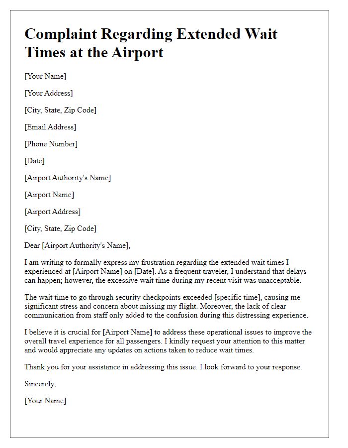 Letter template of complaint about extended wait times at the airport