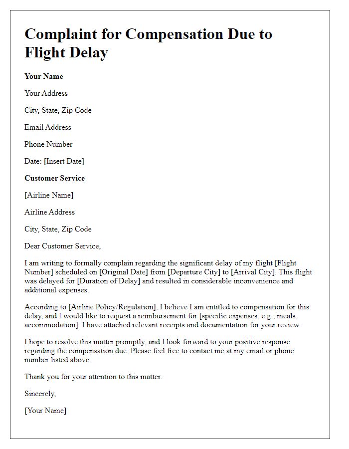 Letter template of complaint for compensation due to flight delays