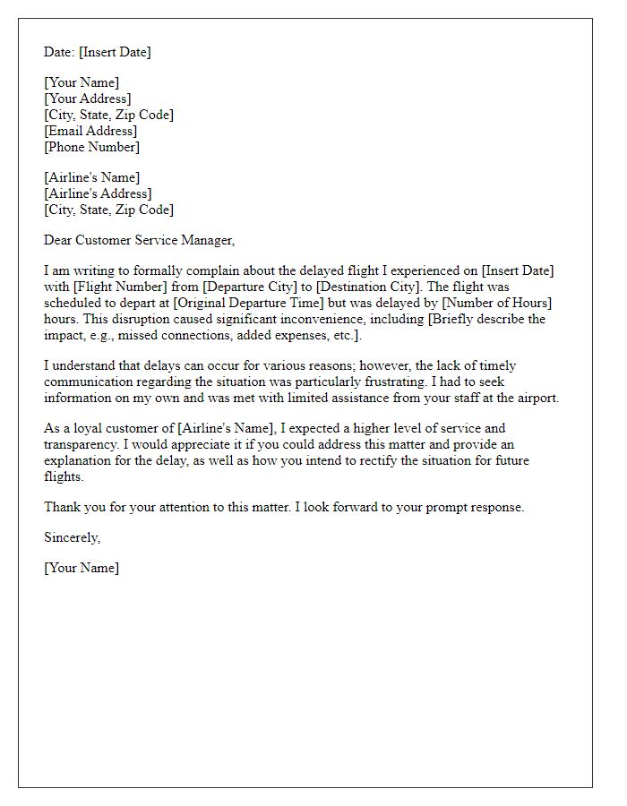 Letter template of complaint concerning delayed flights and travel disruption