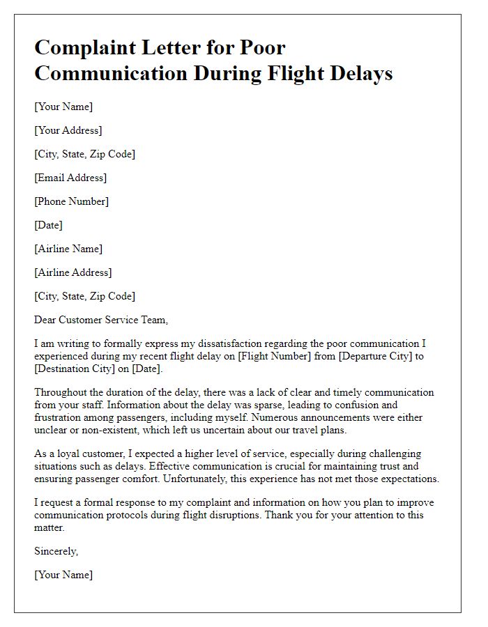 Letter template of complaint for poor communication during flight delays