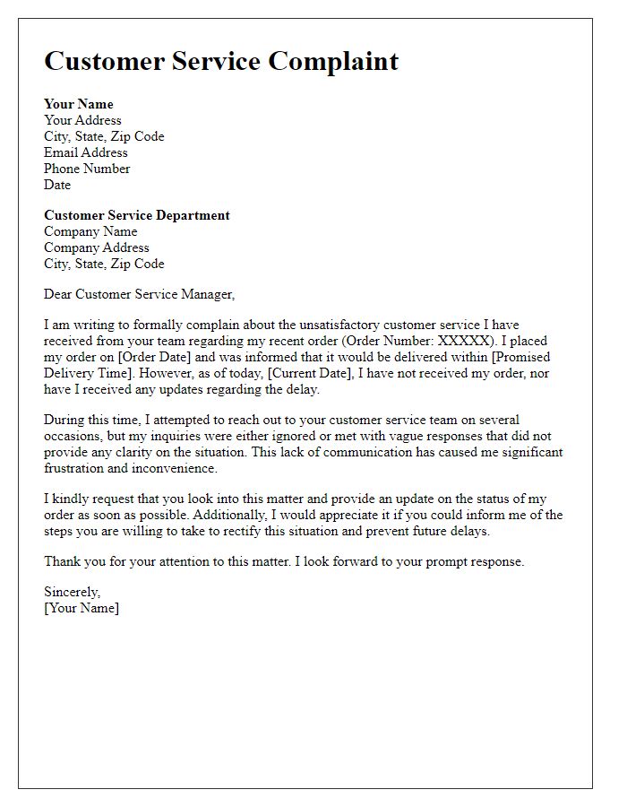 Letter template of complaint related to customer service following delays