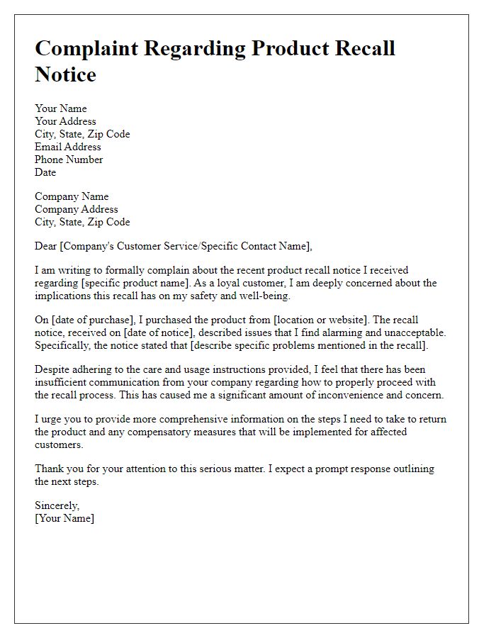 Letter template of complaint regarding product recall notice