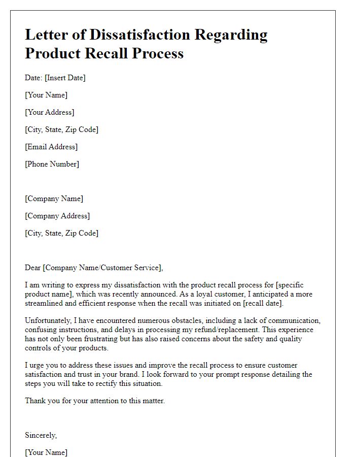 Letter template of dissatisfaction with product recall process