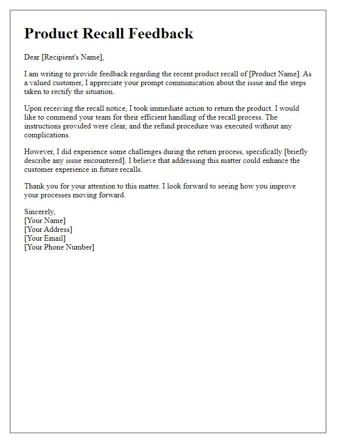 Letter template of feedback on product recall issues