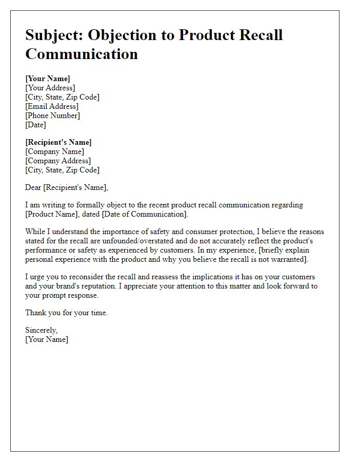 Letter template of objection to product recall communication