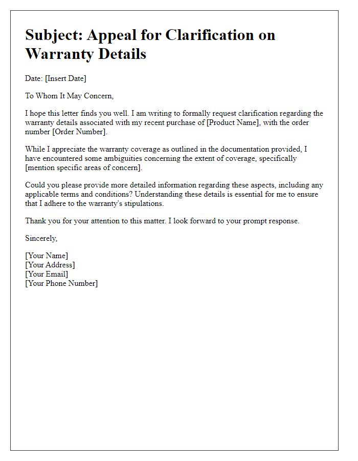 Letter template of appeal for clarification on warranty details