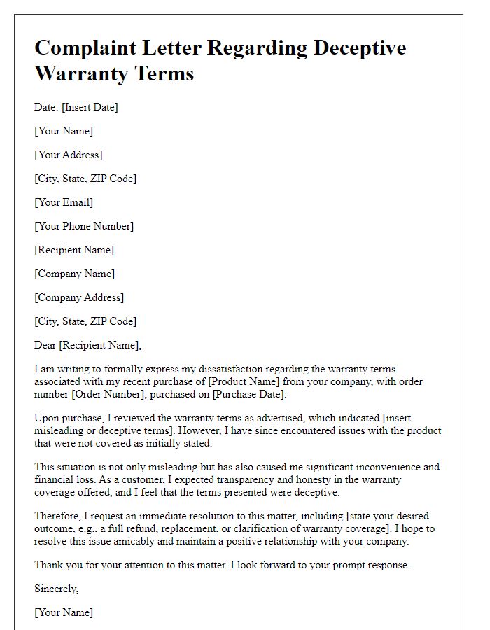 Letter template of complaint regarding deceptive warranty terms