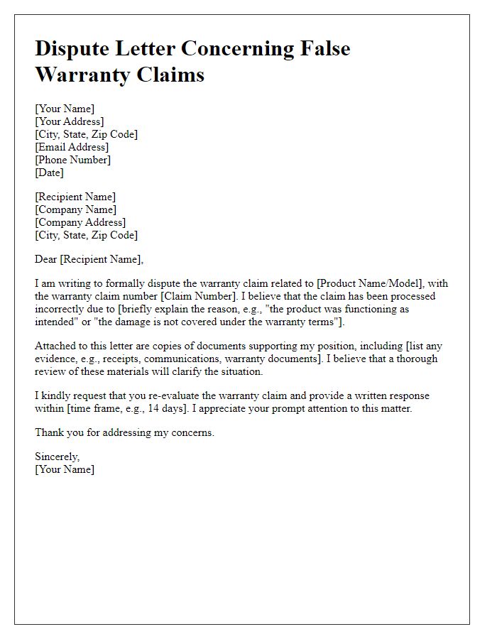 Letter template of dispute concerning false warranty claims