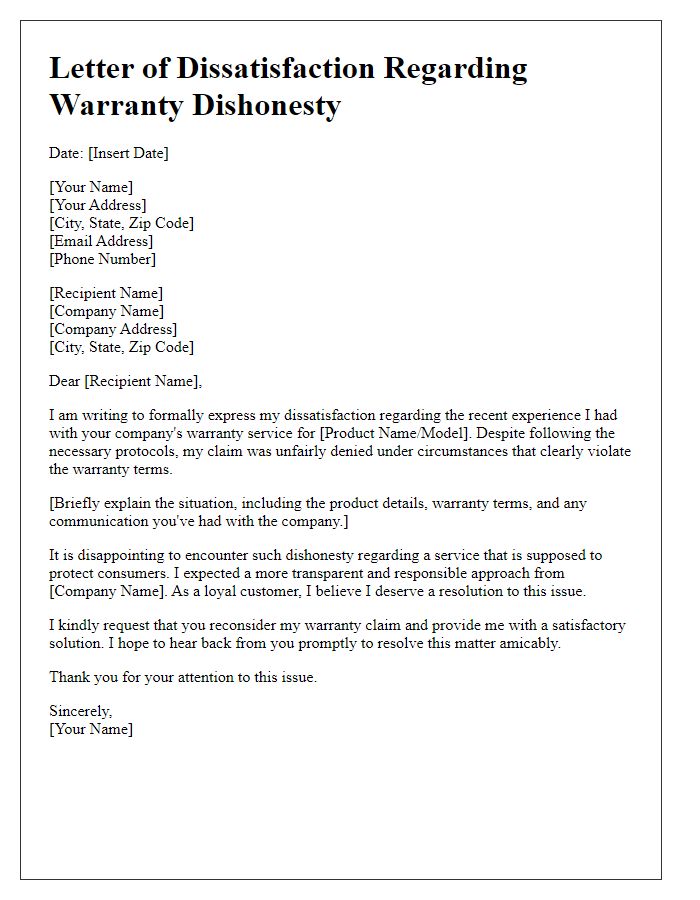 Letter template of dissatisfaction regarding warranty dishonesty