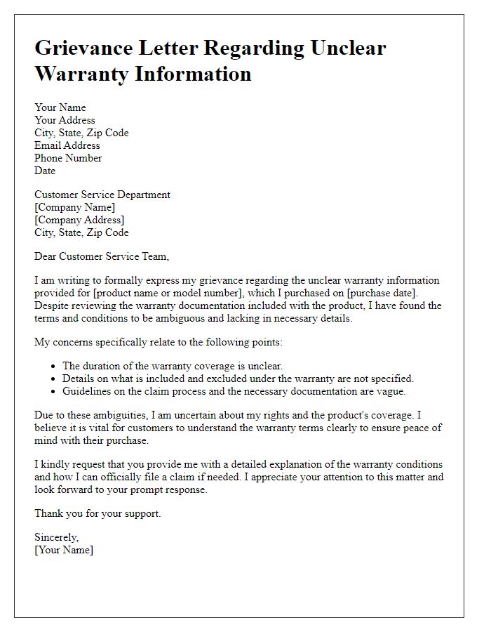 Letter template of grievance about unclear warranty information