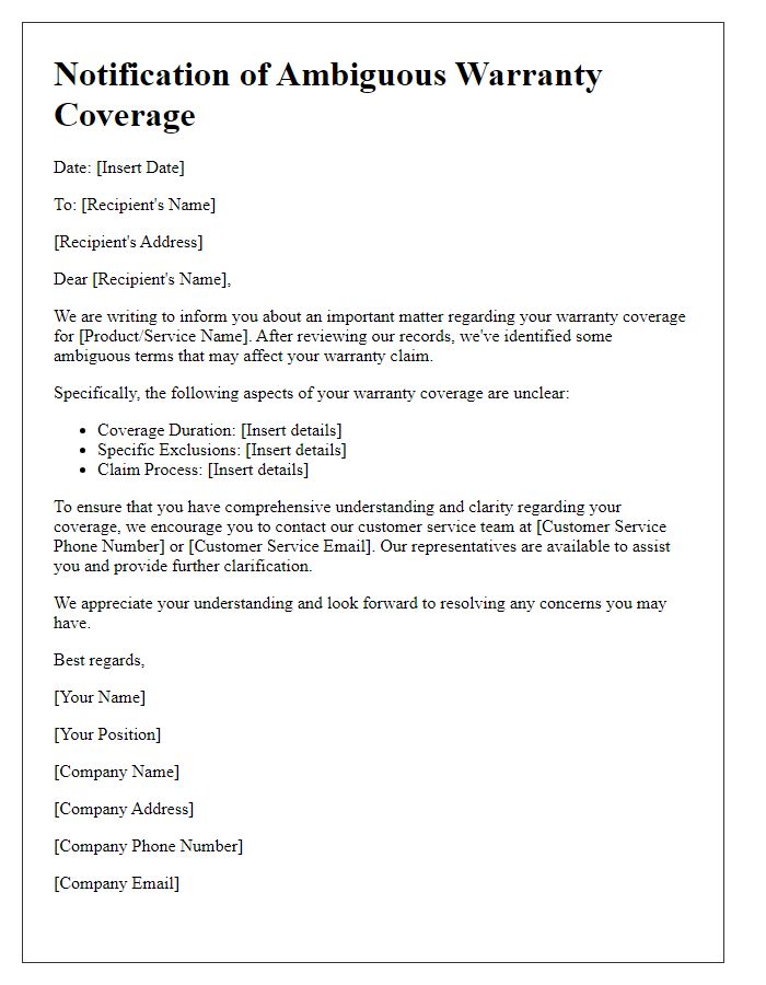 Letter template of notification about ambiguous warranty coverage