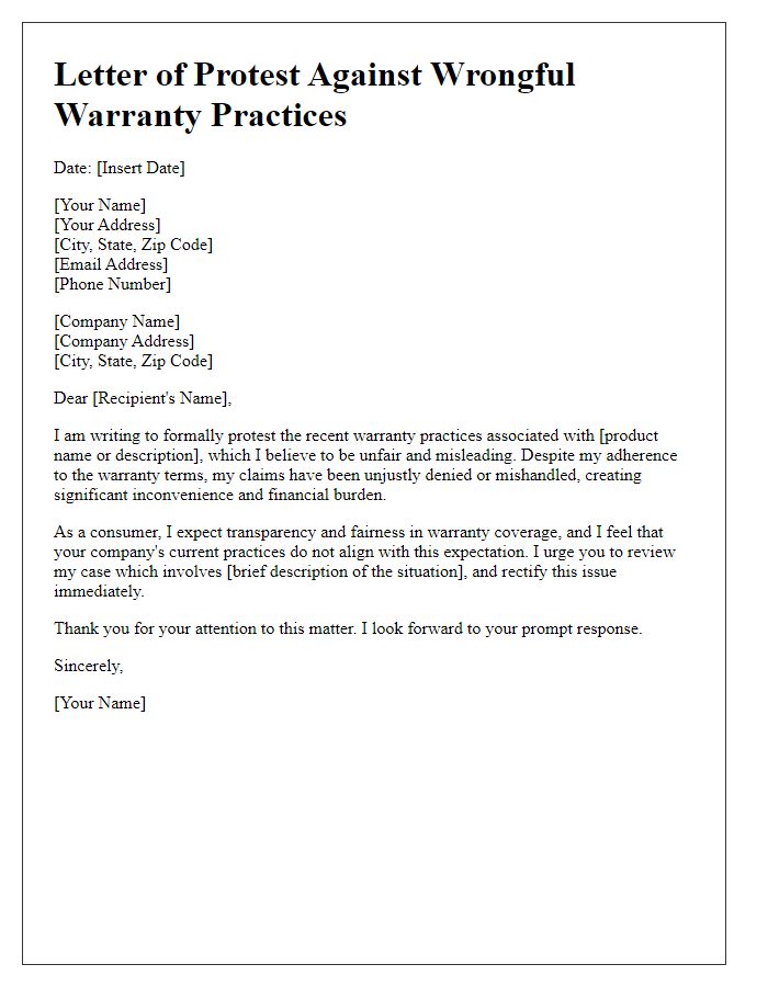 Letter template of protest against wrongful warranty practices