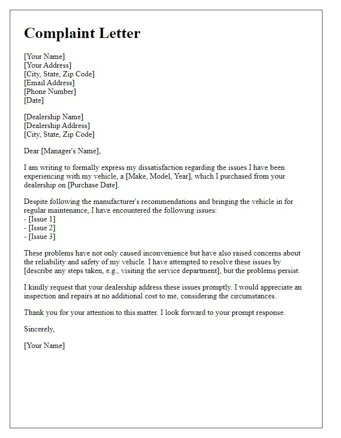 Letter template of complaint to dealership about vehicle issues