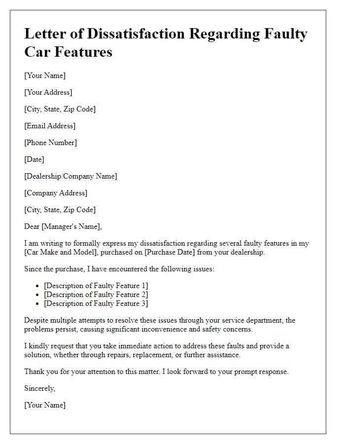 Letter template of dissatisfaction with faulty car features