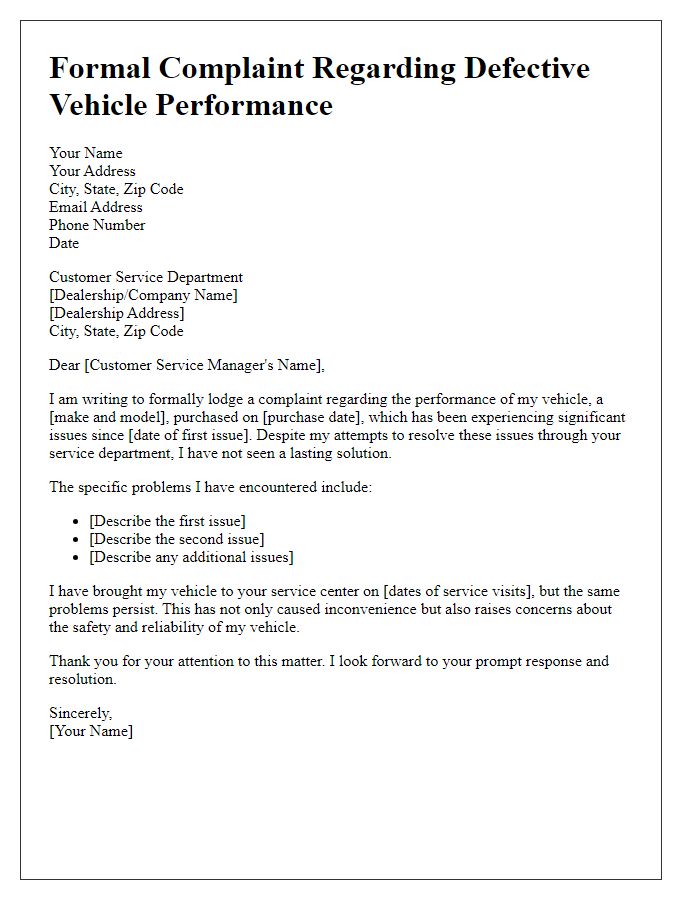 Letter template of formal complaint regarding defective vehicle performance