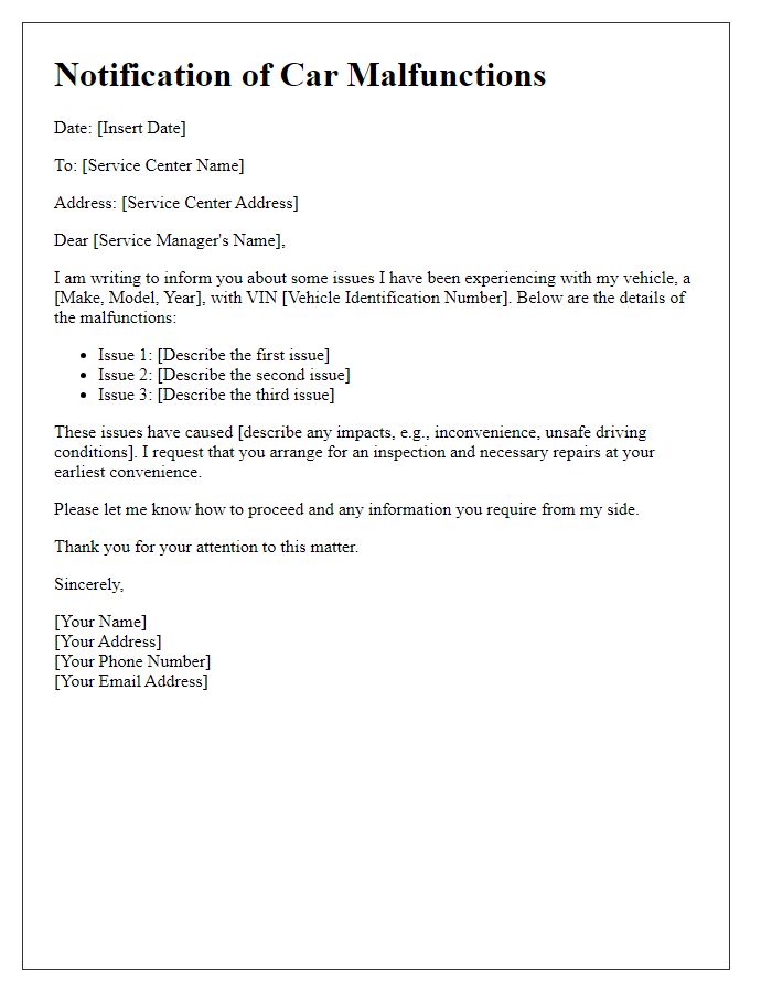 Letter template of notification to service center about car malfunctions