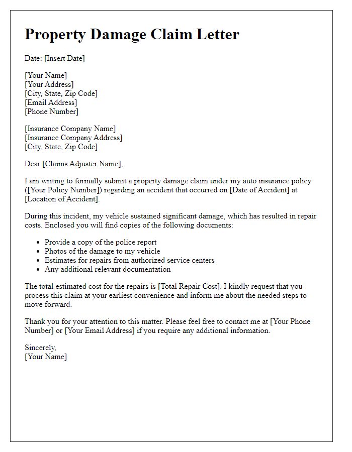 Letter template of property damage claim for auto insurance.