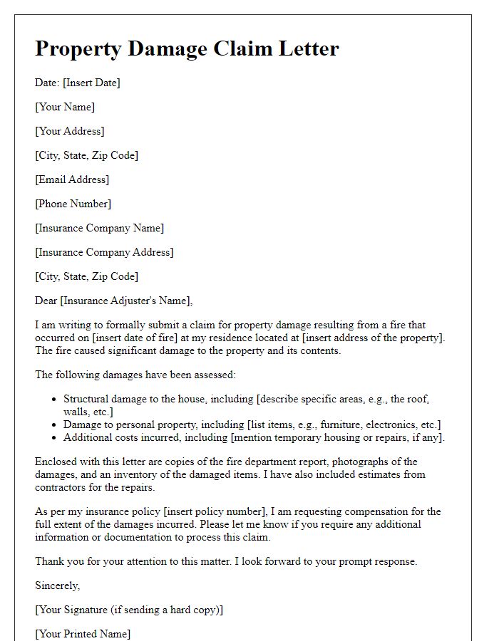 Letter template of property damage claim for fire damage.