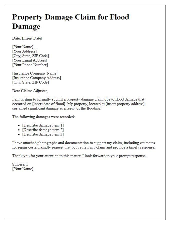 Letter template of property damage claim for flood damage.