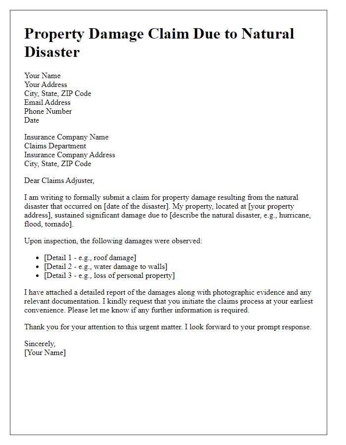 Letter template of property damage claim for natural disaster.