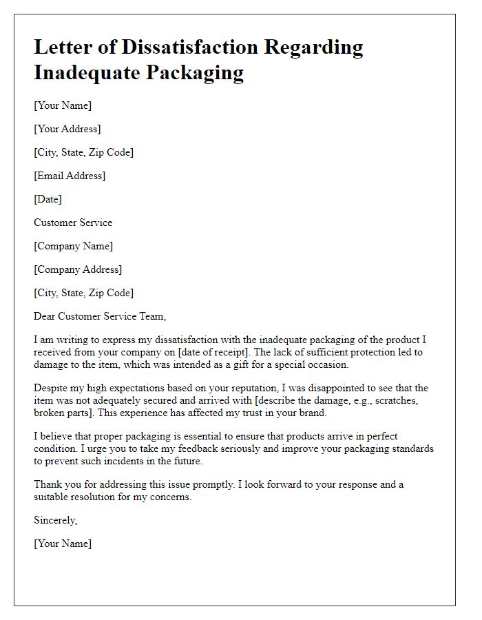 Letter template of dissatisfaction regarding inadequate packaging