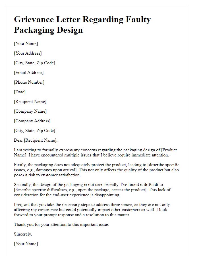 Letter template of grievance about faulty packaging design