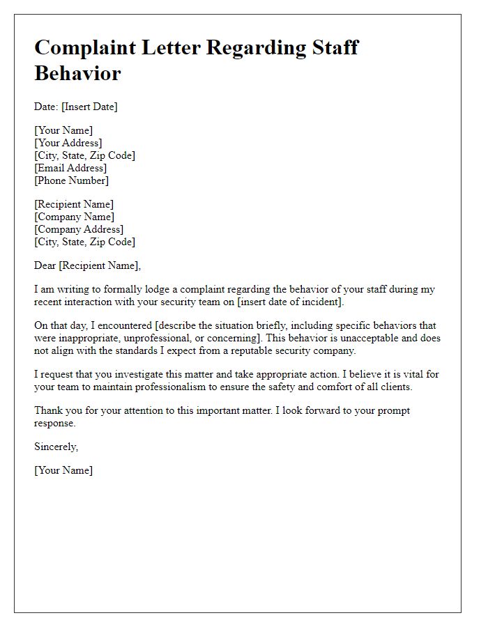 Letter template of complaint related to security company staff behavior