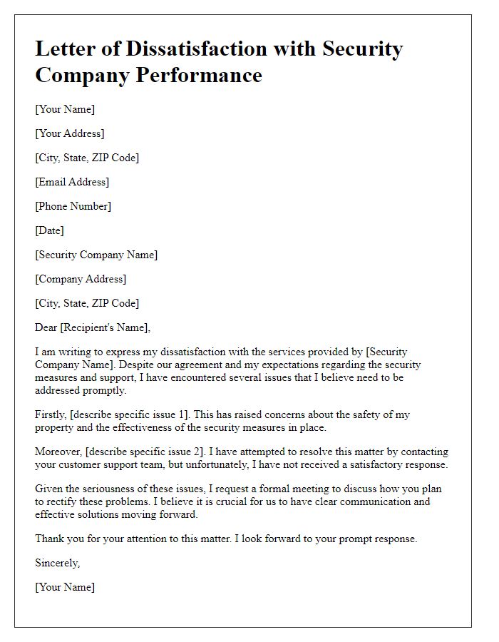 Letter template of dissatisfaction with security company performance