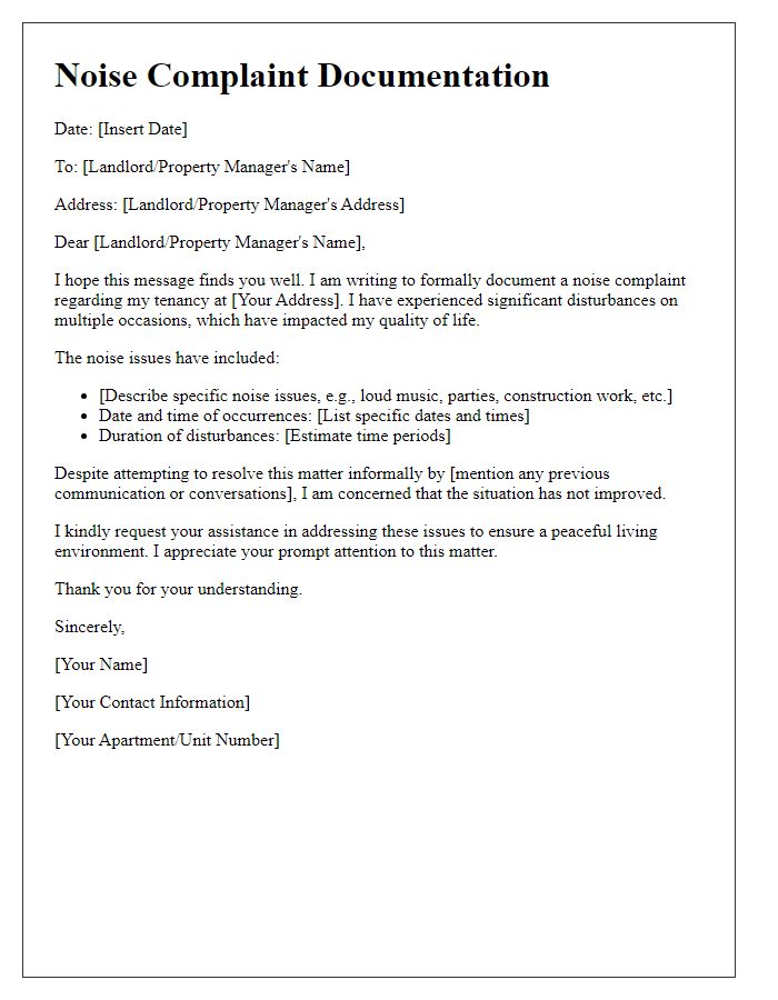 Letter template of documentation of noise complaints for tenant.