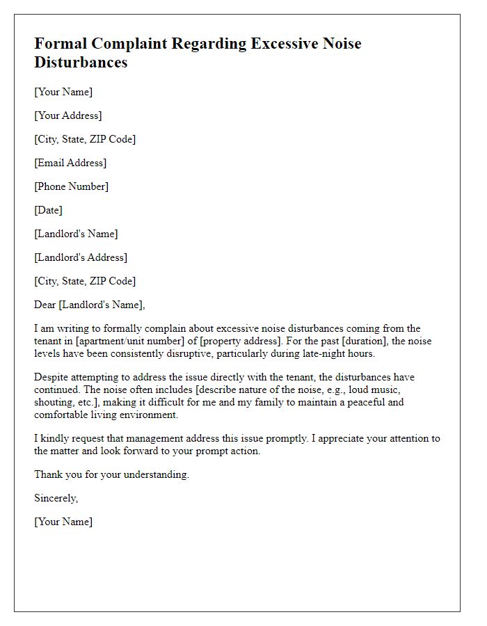 Letter template of formal complaint regarding excessive noise disturbances from tenant.