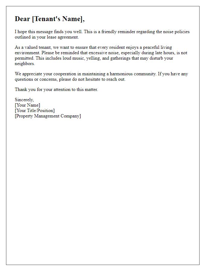 Letter template of reminder to tenant about lease agreement noise policies.