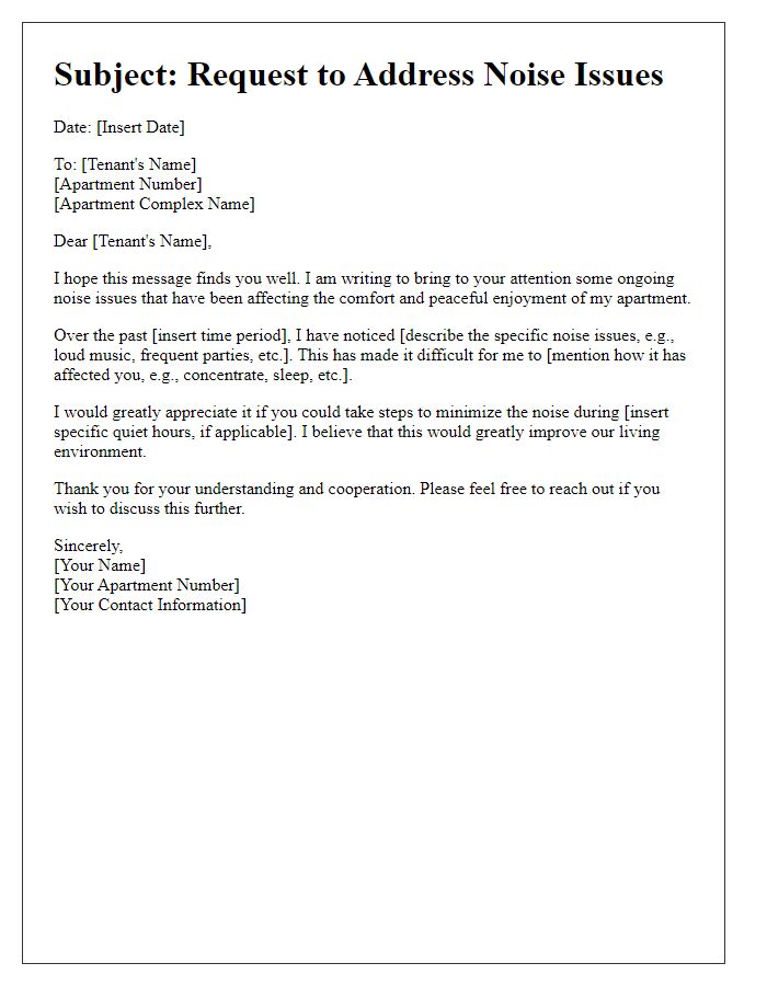 Letter template of request for tenant to address noise issues in the apartment.