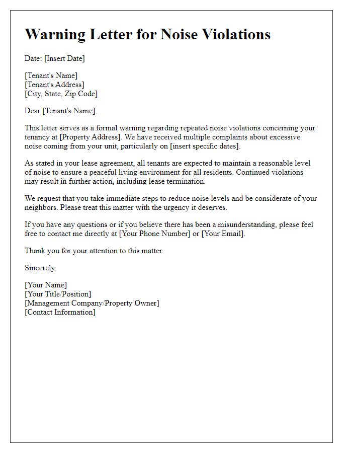 Letter template of warning to tenant concerning repeated noise infractions.