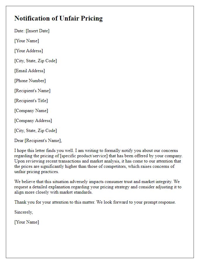 Letter template of notification about unfair pricing