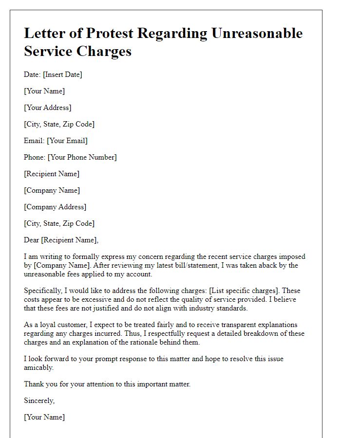 Letter template of protest about unreasonable service charges