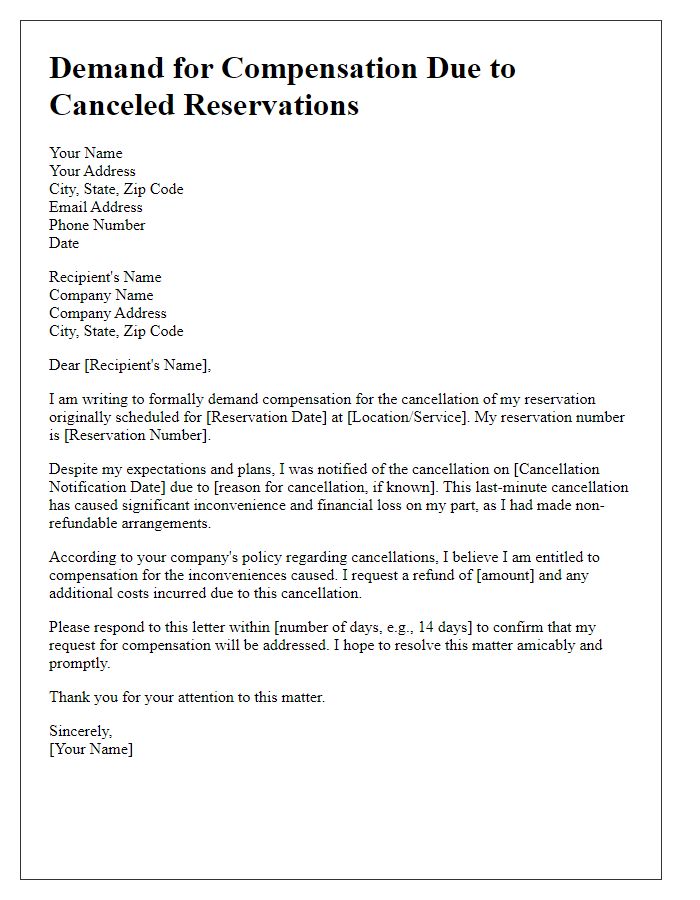 Letter template of demand for compensation due to canceled reservations