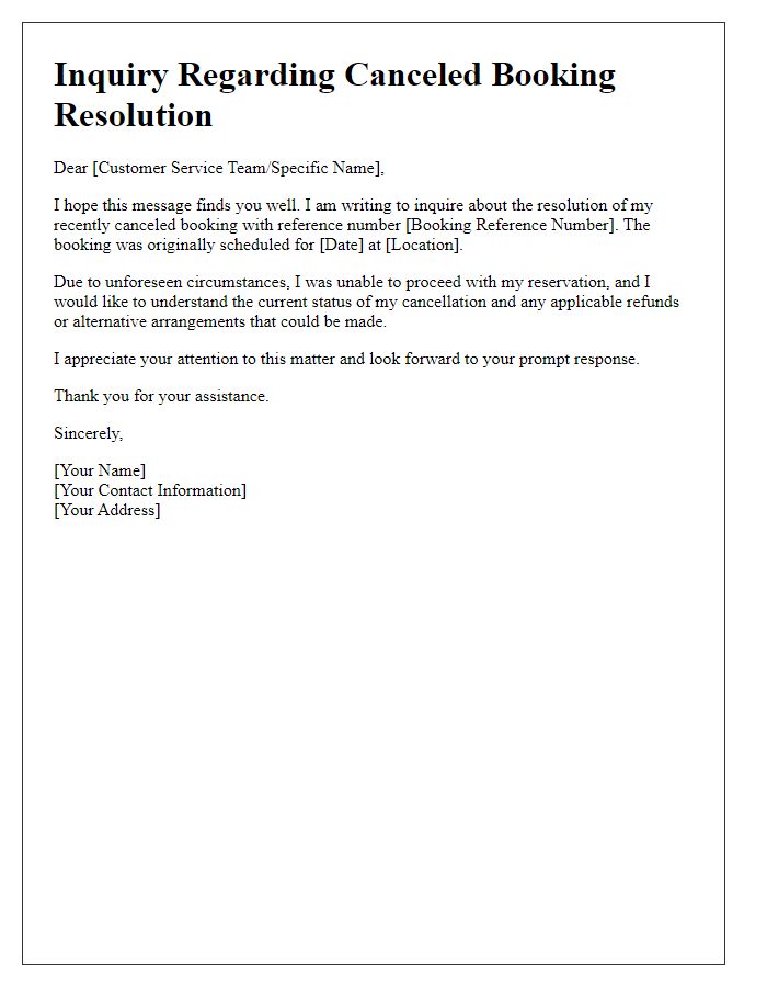 Letter template of inquiry about canceled booking resolution