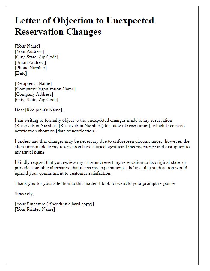 Letter template of objection to unexpected reservation changes