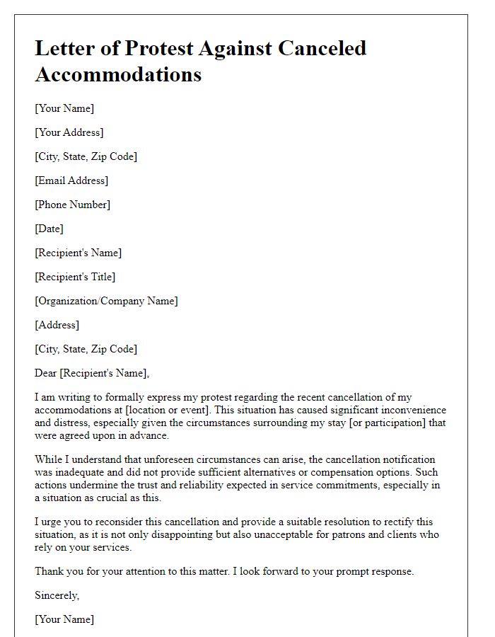 Letter template of protest against canceled accommodations