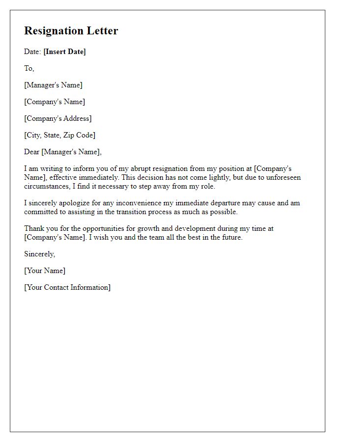 Letter template of abrupt resignation