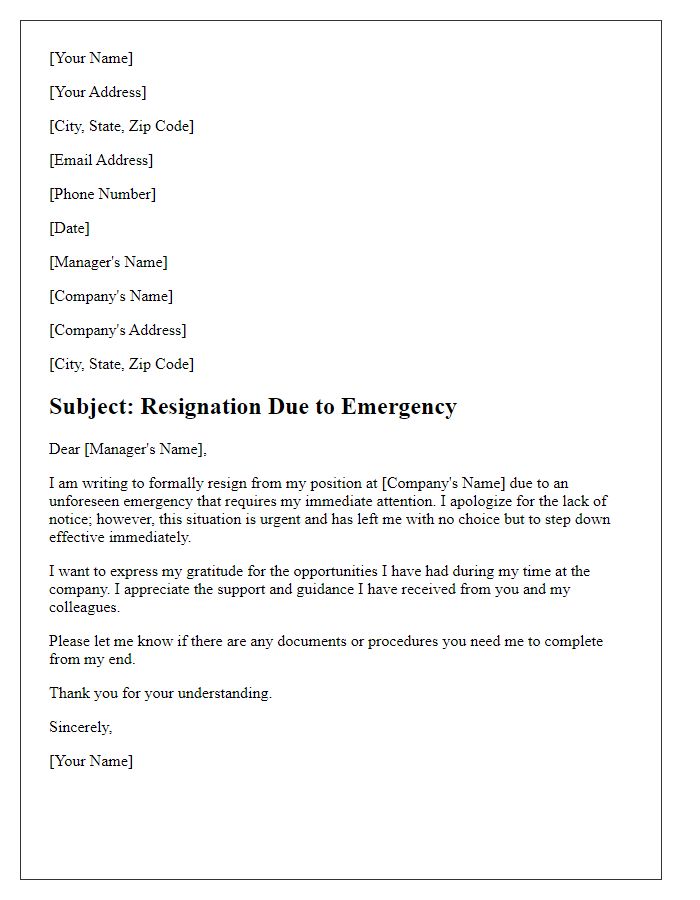 Letter template of resignation due to emergency without notice