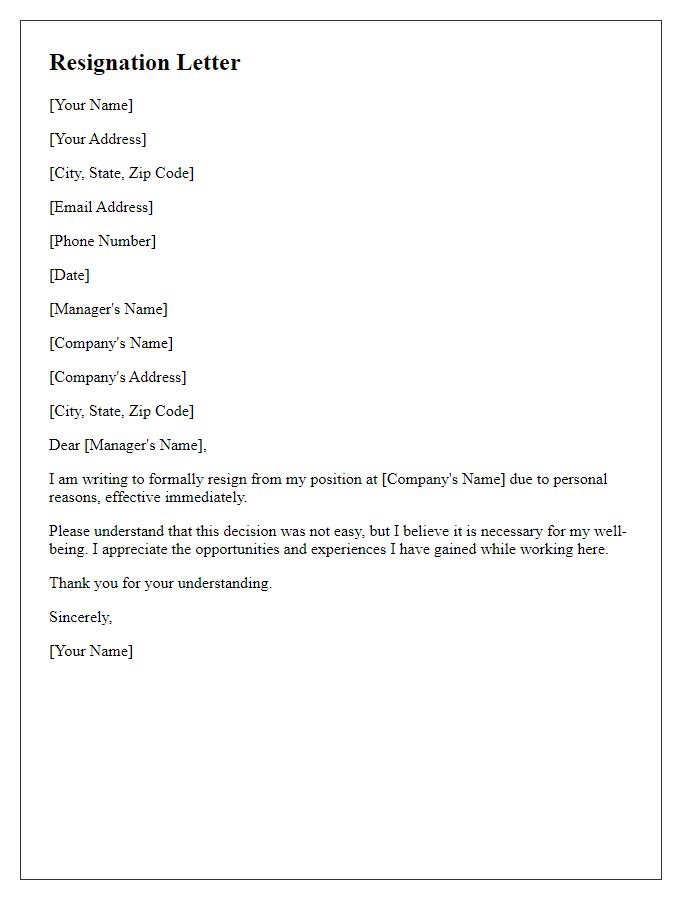 Letter template of resignation for personal reasons without notice