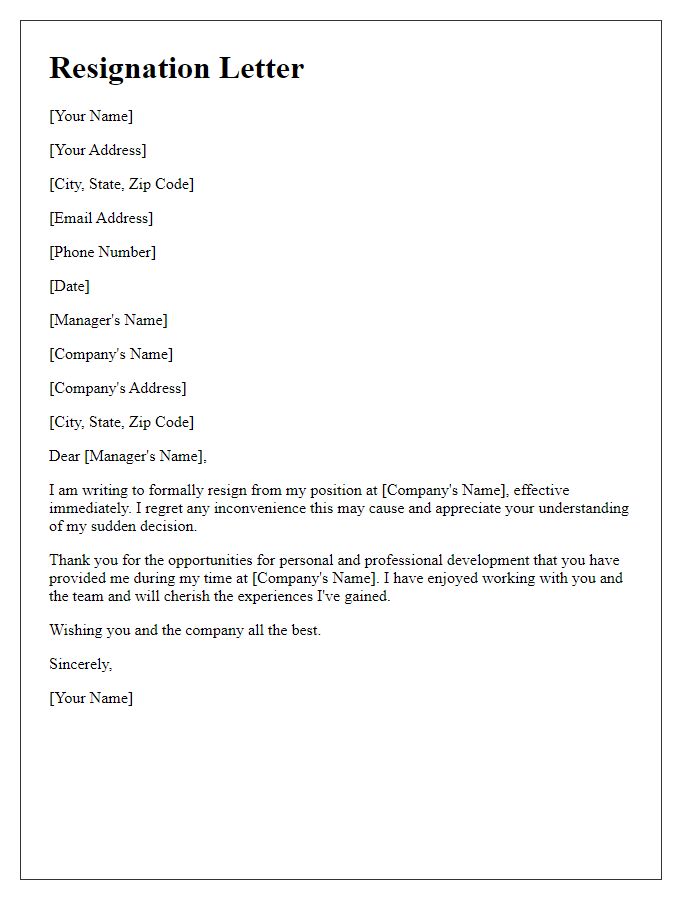 Letter template of sudden resignation