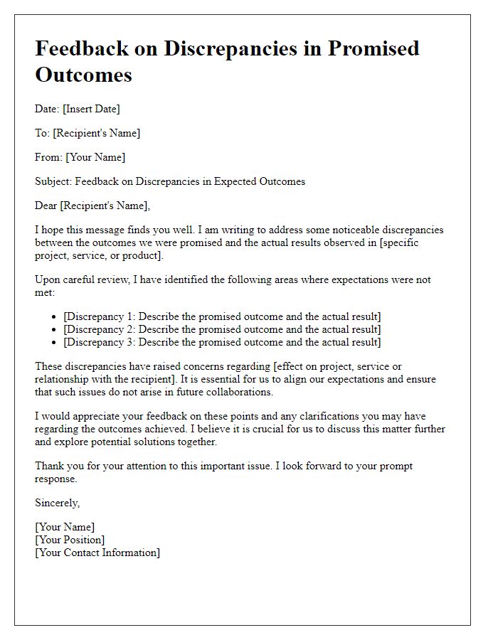 Letter template of feedback on discrepancies in promised outcomes